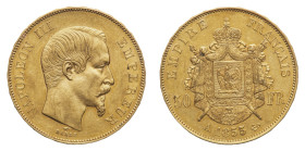Napoleon III (1852-1870) - Gold 50 Francs 1855-A - Mint: Paris - Obverse: Bare head right - Reverse: Crowned and mantled arms - gr. 16,11 - Good extre...