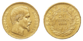 Napoleon III (1852-1870) - Gold 20 Francs 1860-A - Mint: Paris - Obverse: Bare head right - Reverse: Value and date within laurel wreath - gr. 6,44 - ...