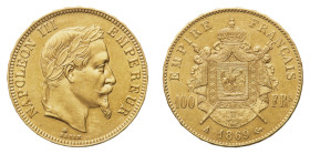 Napoleon III (1852-1870) - Gold 100 Francs 1869-A - Mint: Paris - Obverse: Laureate head right - Reverse: Crowned and mantled arms - gr. 32,21 - About...