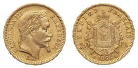 Napoleon III (1852-1870) - Gold 20 Francs 1866-A - Mint: Paris - Obverse: Laureate head right - Reverse: Crowned and mantled arms - gr. 6,45 - About u...
