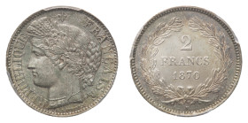Third Republic (1870-1940) - 2 Francs 1870-K PCGS MS 63 - Mint: Bordeaux - Obverse: Head of Ceres left - Reverse: Value and date within circle of oak ...