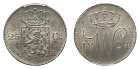 Willem I (1815-1839) - 25 Cents 1824B PCGS MS 63 - Mint: Brussels - Obverse: Crowned shield - Reverse: Crowned monogram - Rare in this condition. PCGS...