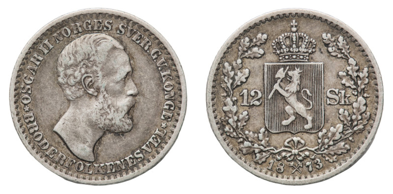 Oscar II (1872-1905) - 12 Skilling 1873 - Mint: Kongsberg - Obverse: Bare head r...