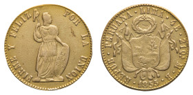 Republic (1822-) - 4 Escudos 1855 MB - Mint: Lima - Obverse: Liberty standing right holding shield and pole - Reverse: Coat of arms - gr. 13,25 - Trac...