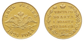 Alexander I (1801-1825) - Gold 5 Roubles 1825 - Mint: St. Petersburg - Obverse: Crowned double imperial eagle - Reverse: Legend in four lines; crown a...