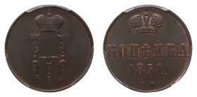 Nicholas I (1825-1855) - Kopek 1851-BM PCGS MS 65 BN - Mint: Warsaw - Obverse: Crowned monogram of Nicholas I - Reverse: Value and date below crown - ...