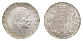 Pater I (1903-1918) - 2 Dinara 1915 PCGS MS 63 - Mint: Brussels - Obverse: Bare head right - Reverse: Crowned value and date within wreath - PCGS cert...