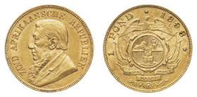 Paul Kruger, President (1883-1900) - Gold Pond 1898 - Mint: Pretoria - Obverse: Bust of President Kruger left - Reverse: Circular shield of arms, wago...