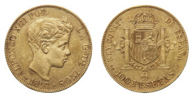 Alfonso XIII (1886-1931) - Gold 100 Pesetas 1897 (18-97) - Mint: Madrid - Obverse: Bare head right - Reverse: Crowned arms - gr. 32,21 - Contact marks...
