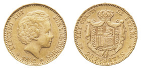 Alfonso XIII (1886-1931) - Gold 29 Pesetas 1892 (18-92) - Mint: Madrid - Obverse: Bare head right - Reverse: Crowned arms - gr. 6,45 - Very rare. Mino...