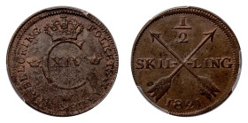 Karl XIV Johan (1818-1844) - 1/2 Skilling 1821 PCGS MS 62 BN - Mint: Avesta - Obverse: Crowned C within three small crowns - Reverse: Two crossed arro...