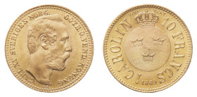 Karl XV (1859-1872) - Gold 10 Francs (1 Carolin) 1869 NGC MS 65 - Mint: Stockholm - Obverse: Bare head right - Reverse: Crowned arms - NGC certificati...
