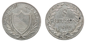 Canton Zurich - 8 Batzen 1810-B - Mint: Bern - Obverse: Crowned coat of arms - Reverse: Denomination and date within wreath - gr. 7,33 - Prooflike, ab...