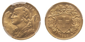 Confederation (1848-) - Gold 20 Francs 1926-B PCGS MS 67 - Mint: Bern - Obverse: Helvetia left, the Alps in the background - Reverse: Shield of arms o...