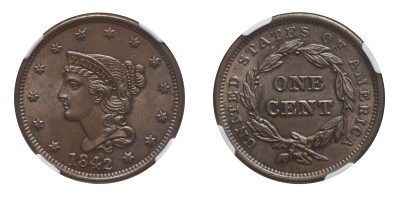 Braided Hair Cent 1842 Large Date NGC MS 64 BN - Mint: Philadelphia - Obverse: C...