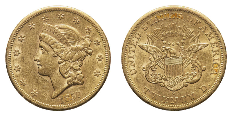 Gold 20 Dollars 1857S - Mint: San Francisco - Obverse: Liberty head left - Rever...