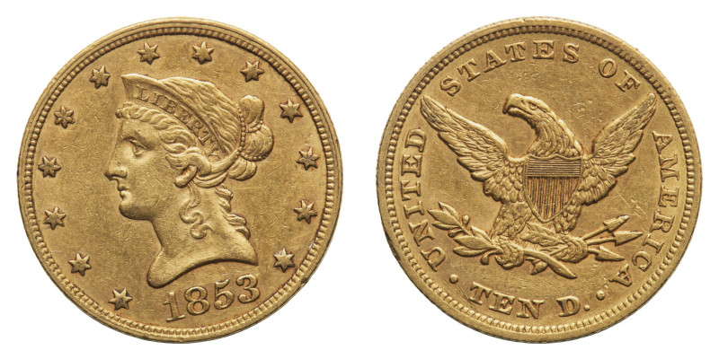 Gold 10 Dollars 1853 - Mint: Philadelphia - Obverse: Liberty head left - Reverse...