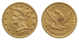 Gold 10 Dollars 1853 - Mint: Philadelphia - Obverse: Liberty head left - Reverse: Eagle with shield on breast - gr. 16,69 - Extremely fine Friedberg 1...