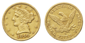 Gold 5 Dollars 1846C - Mint: Charlotte - Obverse: Liberty head left - Reverse: Eagle with shield on breast - gr. 8,31 - Very rare. Good very fine Frie...