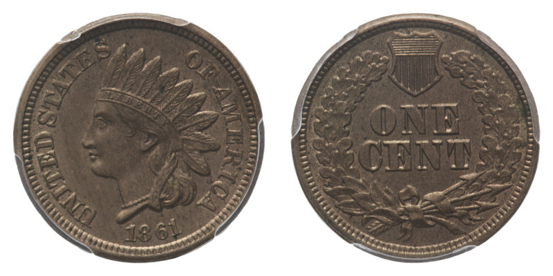 Indian Head Cent 1861 PCGS MS 63 - Mint: Philadelphia - Obverse: Indian head lef...