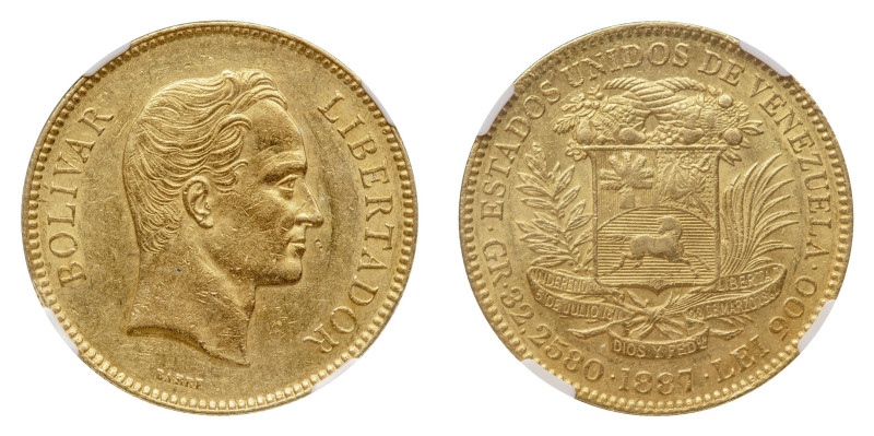 Republic (1823-) - Gold 100 Bolivares 1887 NGC AU 55 - Mint: Caracas - Obverse: ...