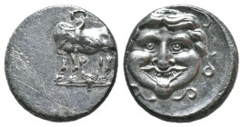 (Silver, 2.15g 14mm)

MYSIA, Parion. 4th century BC.
AR Hemidrachm.
Gorgoneion / Bull standing left, head right; below, grain ear right