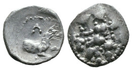 (Silver, 0.73g 12mm)

LYCAONIA. Laranda. (Circa 324/3 BC). AR Obol.

Obv: Baal seated left on throne, holding grain ear, grape bunch and sceptre.....