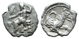 (Silver, 0.56g 11mm)

LYCAONIA. Laranda. (Circa 324/3 BC). AR Obol.

Obv: Baal seated left on throne, holding grain ear, grape bunch and sceptre.....