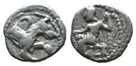 (Silver, 0.63g 10mm)

LYCAONIA. Laranda. (Circa 324/3 BC). AR Obol.

Obv: Baal seated left on throne, holding grain ear, grape bunch and sceptre.....