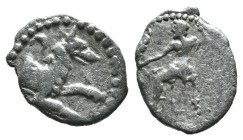 (Silver, 0.41g 9mm)

LYCAONIA. Laranda. (Circa 324/3 BC). AR Obol.

Obv: Baal seated left on throne, holding grain ear, grape bunch and sceptre.....