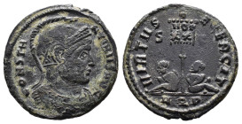 (Bronze, 2.27g 18mm)

Constantius II Æ Follis. AD 355-361. DN CONSTANTIVS P F AVG,