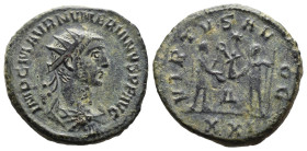 (Bronze, 4.14g 20mm)

Numerian. AD 283-284. Antoninianus. Tripolis mint.

Radiate, draped, and cuirassed bust right

Rev. Carus standing right, ...