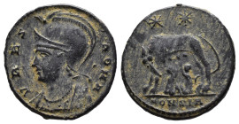 (Bronze, 2.29g 17mm)

Urbs Roma. AE 3, Reduced Follis; Urbs Roma; Rome, 330 AD,