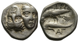 (Silver, 5.64g 17mm)

THRACIA - Istros
Drachma
ca. 380-280 BC Chr.
Av.: Two heads side by side v.v., the right head reversed.
Rev.: IΣTPIH, eagl...
