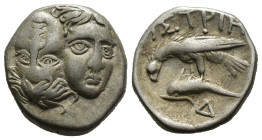 (Silver, 5.42g 17mm)

THRACIA - Istros
Drachma
ca. 380-280 BC Chr.
Av.: Two heads side by side v.v., the right head reversed.
Rev.: IΣTPIH, eagl...