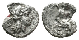 (Silver, 0.68g 10mm)

CILICIA, Uncertain. 4th Century BC. Obol.
Laureate head of Apollo to left. Rev. Baaltars seated to right, holding corn-ear an...