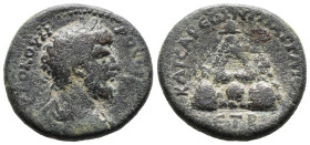 (Bronze, 9.13g 23mm)

Marcus Aurelius (161-180). Cappadocia, Caesarea-Eusebia. year 3 (163/4). Laureate head r. R/ Mount Argaeus with conical peak. ...