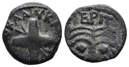 (Bronze, 2.07g 15mm)

Judaea. Antonius Felix.

Prutah. RY 14 = 54 CE.

Jerusalem.

Struck under Claudius I.