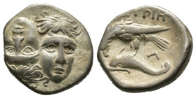 (Silver, 4.74g 17mm)

THRACIA - Istros Drachma  ca. 380-280 BC Chr. Av.: Two heads side by side v.v., the right head reversed.

Rev.: IΣTPIH, eagl...