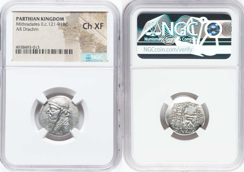 PARTHIAN KINGDOM. Mithradates II (ca. 121-91 BC). AR drachm (20mm, 12h). NGC Cho...