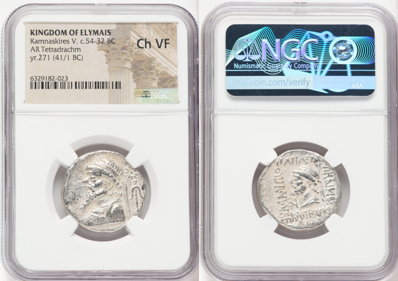 ELYMAIS KINGDOM. Kamnaskires V (ca. 54-32 BC). AR tetradrachm (25mm, 11h). NGC C...