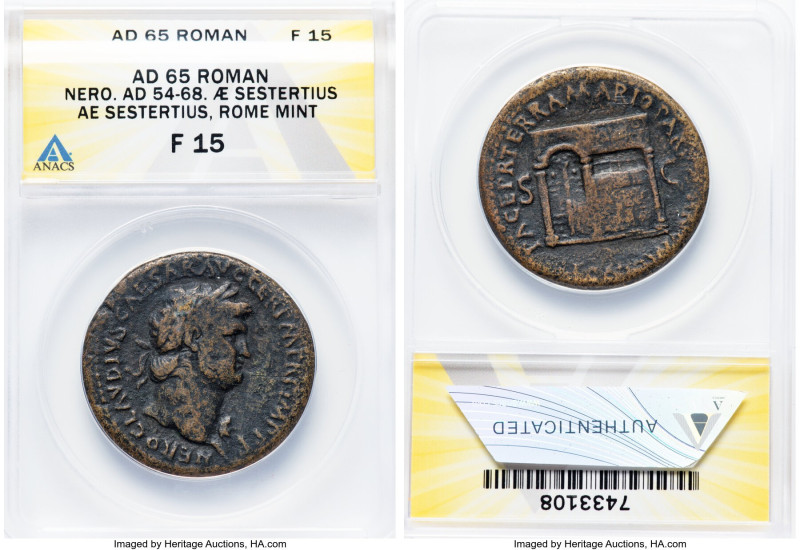 Nero, as Augustus (AD 54-68). AE sestertius (34mm, 5h). ANACS Fine 15. Rome, AD ...