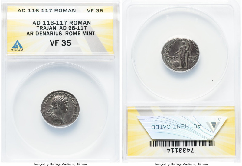 Trajan (AD 98-117). AR denarius (19mm, 6h). ANACS VF 35. Rome, AD 114-117. IMP C...