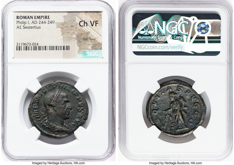 Philip I (AD 244-249). AE sestertius (31mm, 11h). NGC Choice VF, flan flaw. Rome...