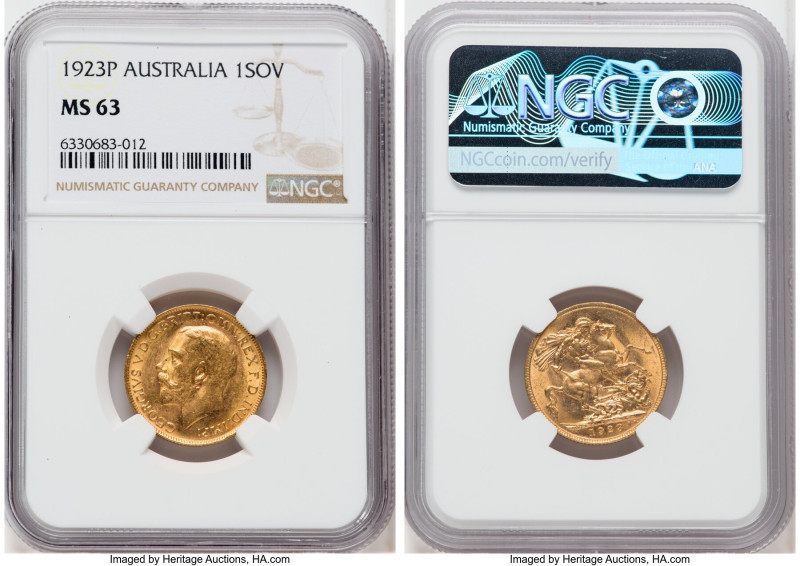 George V gold Sovereign 1923-P MS63 NGC, Perth mint, KM29, Fr-40, S-4001. HID098...