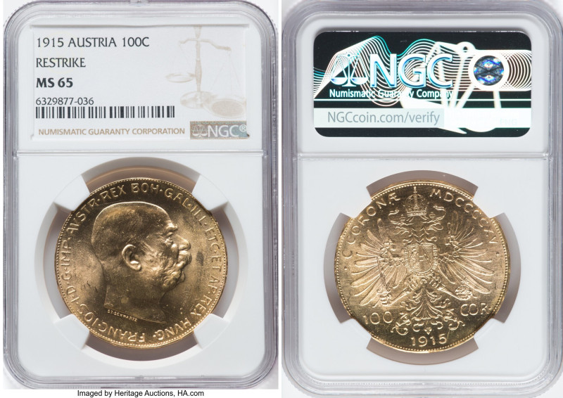 Franz Joseph I gold Restrike 100 Corona 1915 MS65 NGC, Vienna mint, KM2819. HID0...