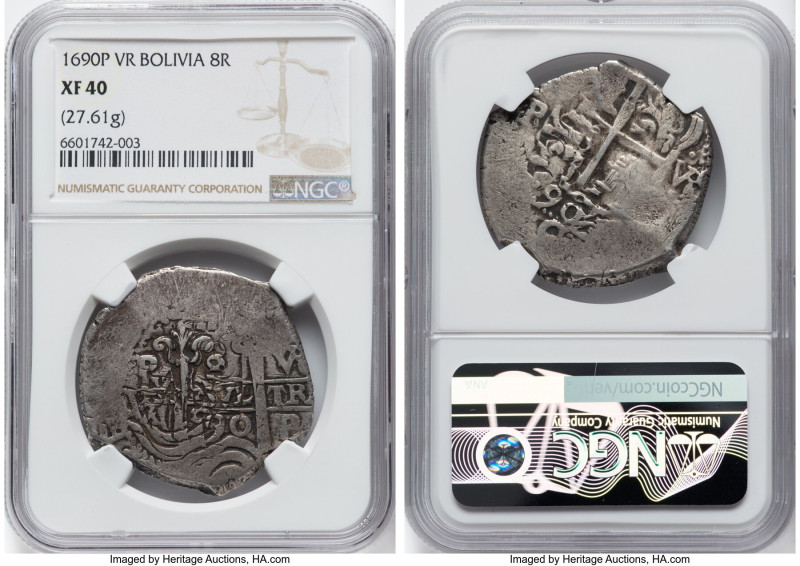 Charles II Cob 8 Reales 1690 P-VR XF40 NGC, Potosi mint, KM26. 27.61gm. A pleasi...