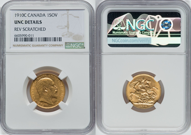 Edward VII gold Sovereign 1910-C UNC Details (Reverse Scratched) NGC, Ottawa min...