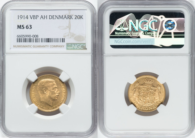 Christian X gold 20 Kroner 1914 (h)-VBP MS63 NGC, Copenhagen mint, KM817.1, Fr-2...