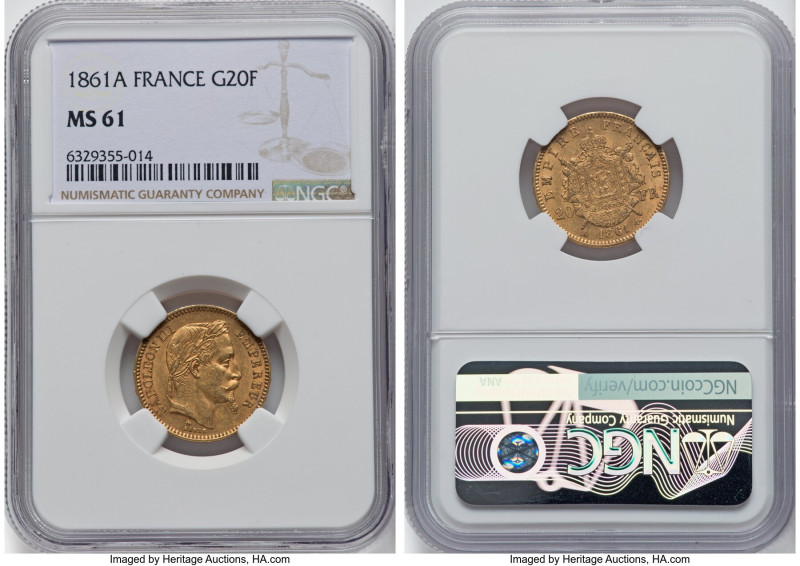 Napoleon III gold 20 Francs 1861-A MS61 NGC, Paris mint, KM801.1. HID09801242017...